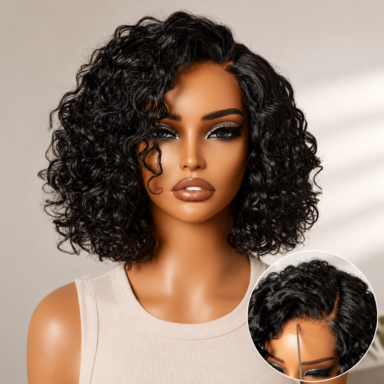 Ready to Go Blonde Highlight / Natural Black / Ombre Brown Water Wave Short Curly Bob Wig Glueless Minimalist HD Lace Wig Pre-Cut Lace