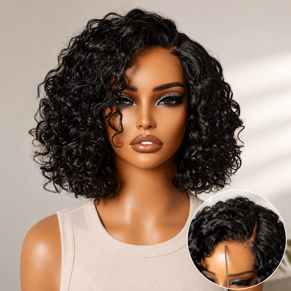 Ready to Go Blonde Highlight / Natural Black / Ombre Brown Water Wave Short Curly Bob Wig Glueless Minimalist HD Lace Wig Pre-Cut Lace