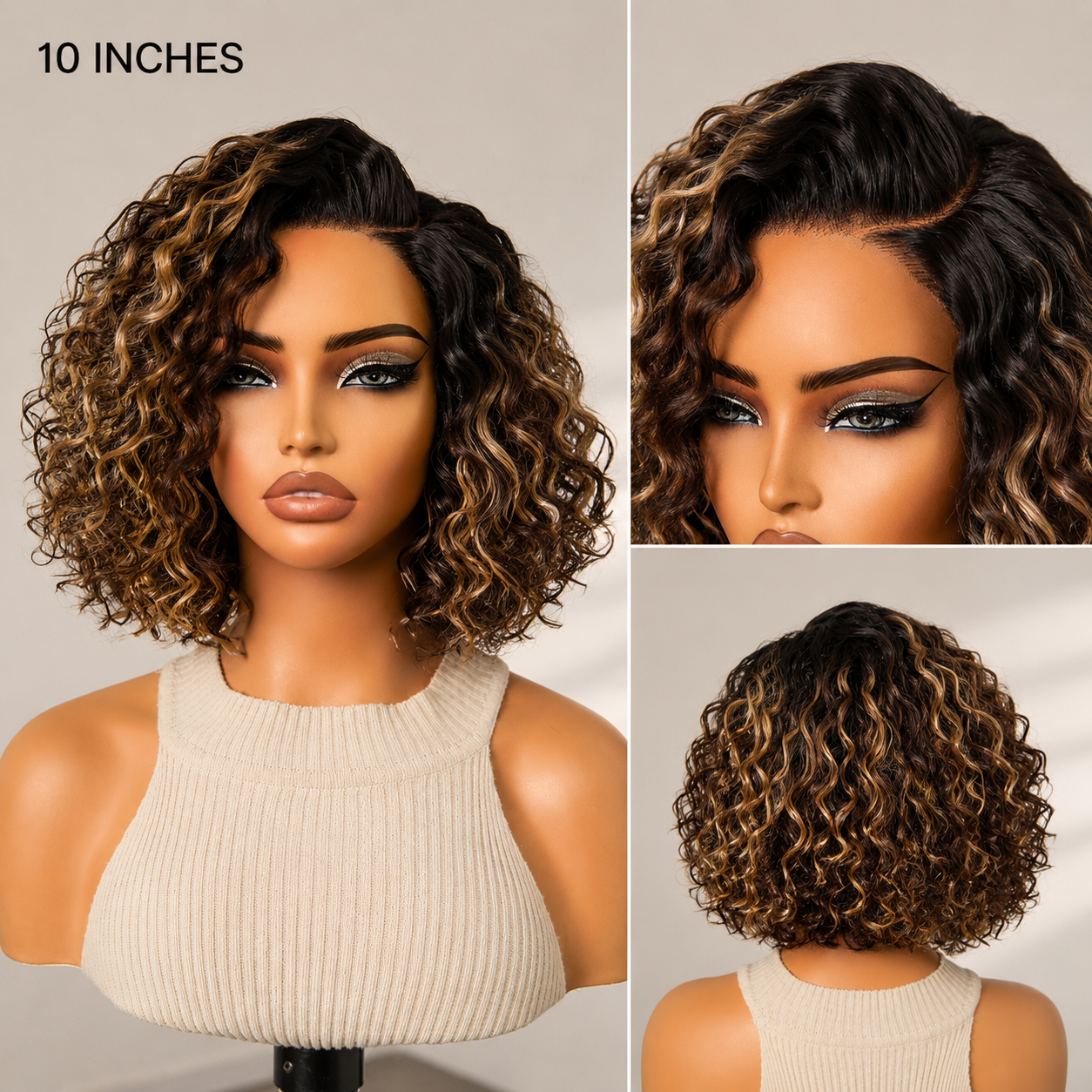 Ready to Go Blonde Highlight / Natural Black / Ombre Brown Water Wave Short Curly Bob Wig Glueless Minimalist HD Lace Wig Pre-Cut Lace