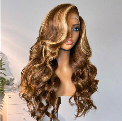 Honey Golden blonde / Natural Black Loose Body Wave Glueless 13x4 Lace Front Wig 100% Human Hair