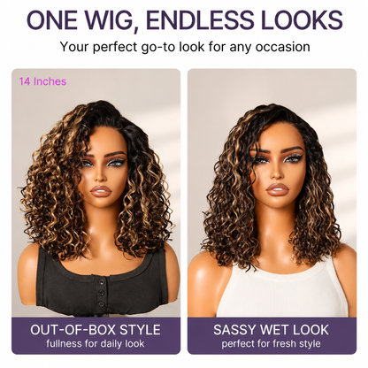 Ready to Go Blonde Highlight / Natural Black / Ombre Brown Water Wave Short Curly Bob Wig Glueless Minimalist HD Lace Wig Pre-Cut Lace