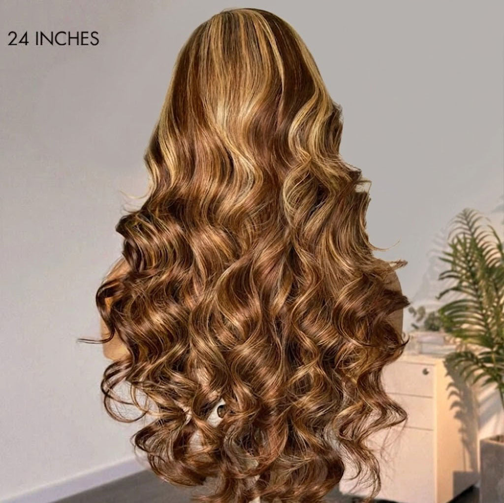 Honey Golden blonde / Natural Black Loose Body Wave Glueless 13x4 Lace Front Wig 100% Human Hair
