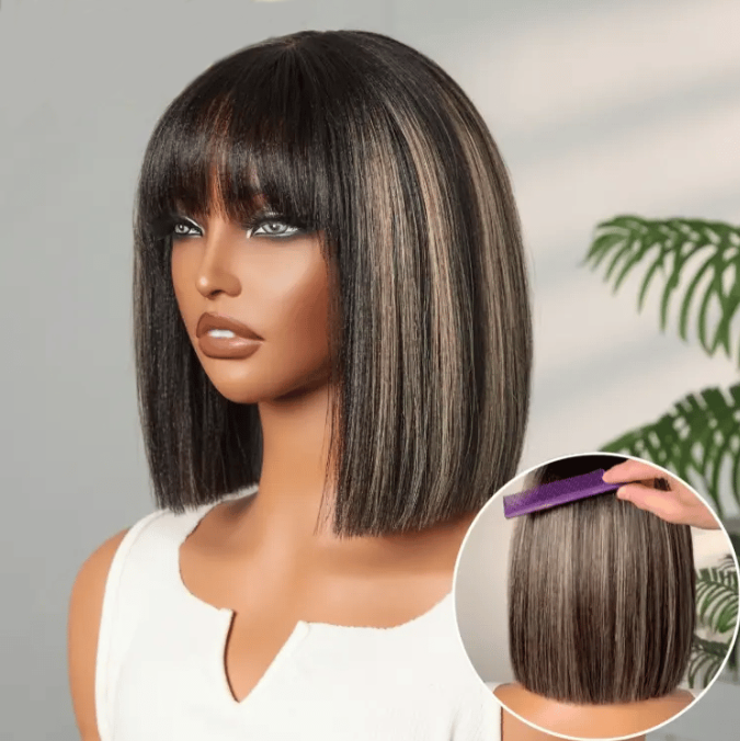Put On and Go Realistic Glueless Yaki Straight Bob with Bangs Minimalist Lace Wig 100% Human Hair