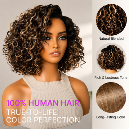 Ready to Go Blonde Highlight / Natural Black / Ombre Brown Water Wave Short Curly Bob Wig Glueless Minimalist HD Lace Wig Pre-Cut Lace