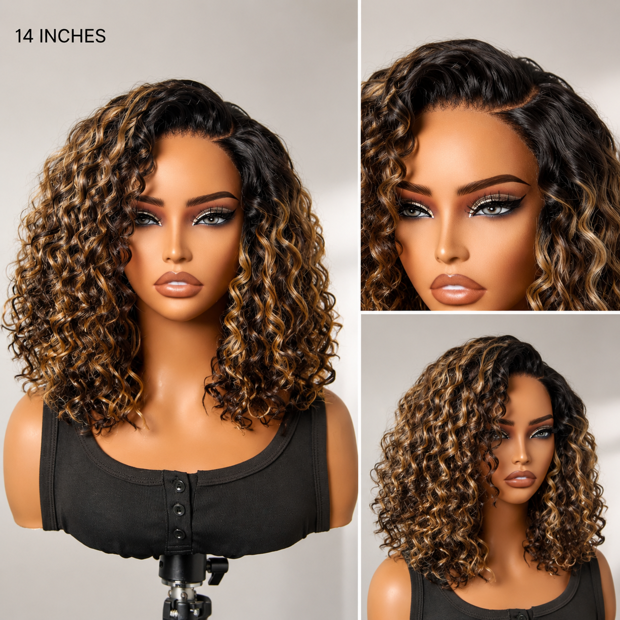 Ready to Go Blonde Highlight / Natural Black / Ombre Brown Water Wave Short Curly Bob Wig Glueless Minimalist HD Lace Wig Pre-Cut Lace