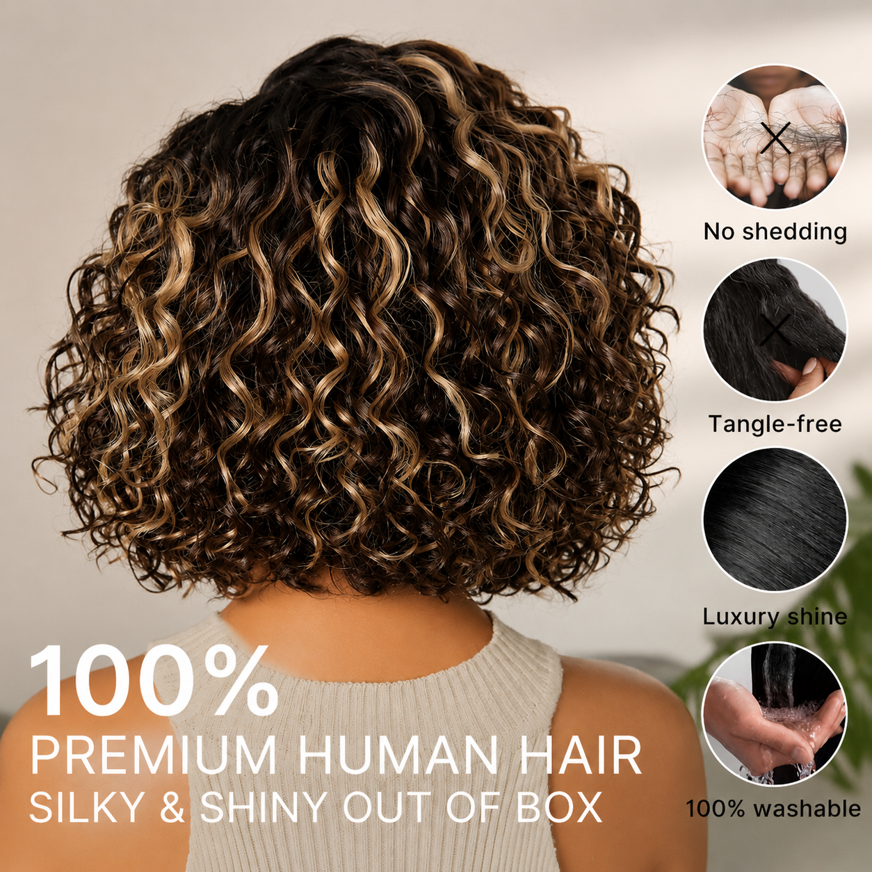 Ready to Go Blonde Highlight / Natural Black / Ombre Brown Water Wave Short Curly Bob Wig Glueless Minimalist HD Lace Wig Pre-Cut Lace