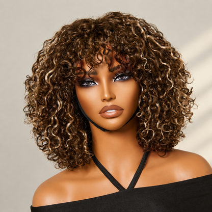 Beginner Friendly Water Wave Minimalist Lace Glueless Short Curly Wig with Bangs