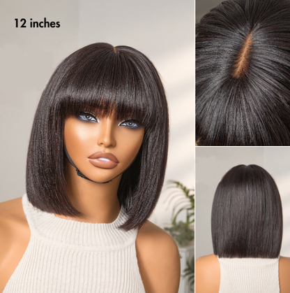 Put On and Go Realistic Glueless Yaki Straight Bob with Bangs Minimalist Lace Wig 100% Human Hair