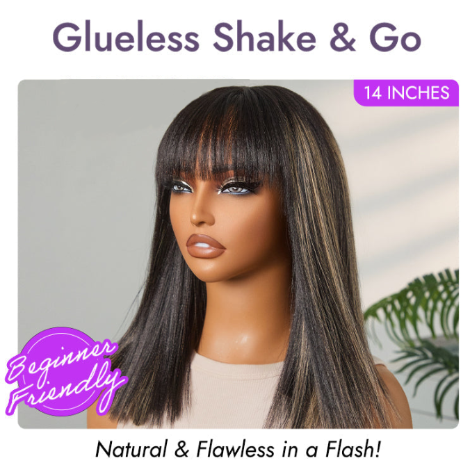 Put On and Go Realistic Glueless Yaki Straight Bob with Bangs Minimalist Lace Wig 100% Human Hair
