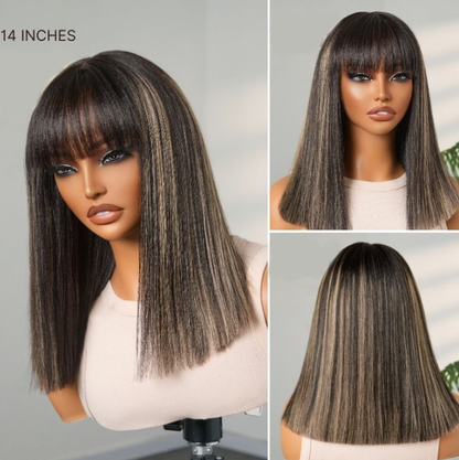Put On and Go Realistic Glueless Yaki Straight Bob with Bangs Minimalist Lace Wig 100% Human Hair