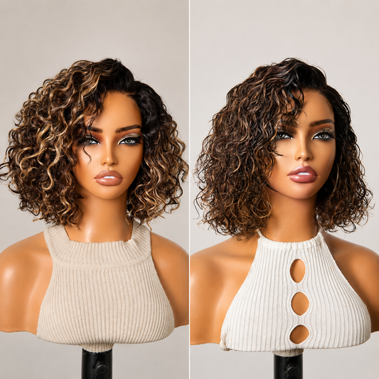 Ready to Go Blonde Highlight / Natural Black / Ombre Brown Water Wave Short Curly Bob Wig Glueless Minimalist HD Lace Wig Pre-Cut Lace